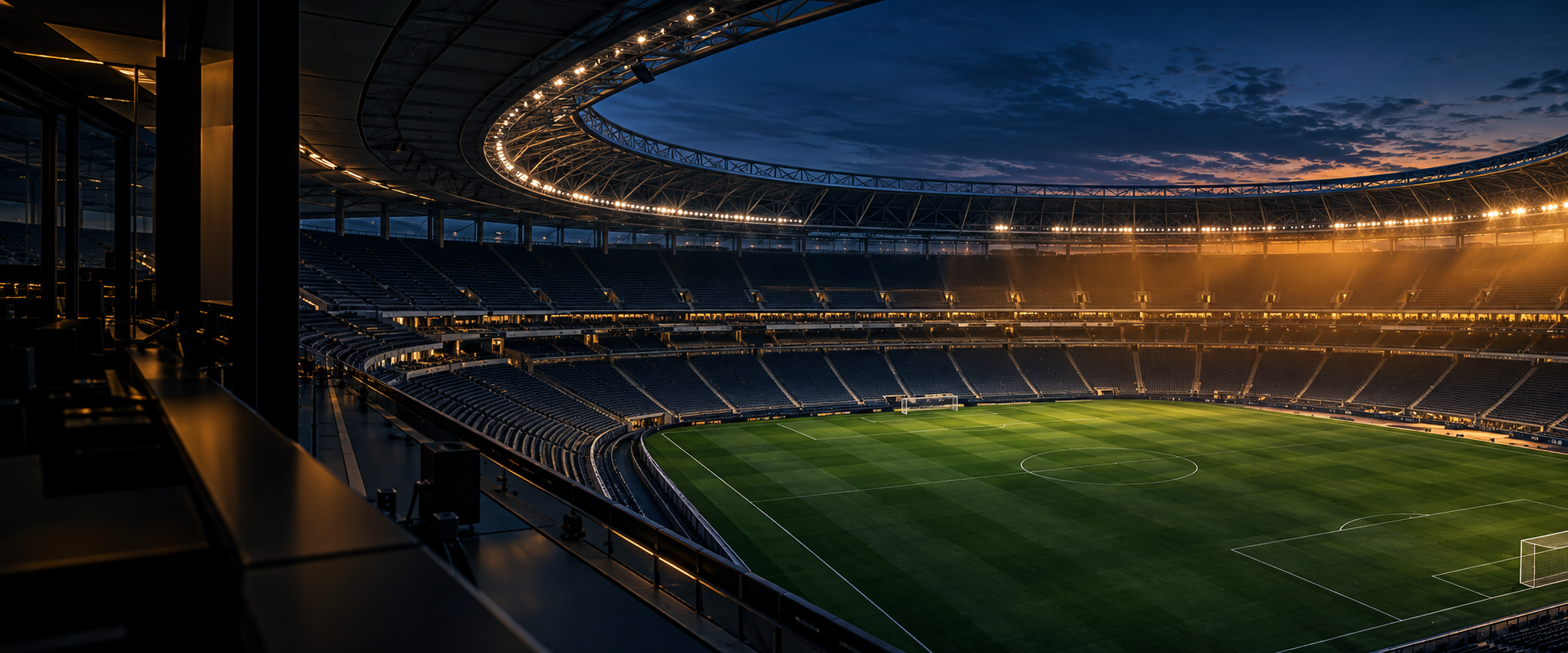 Conceptual stadium at dusk, seen from the control room
